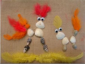 Shells and feathers can be used in creative ways to create a fun collage - just add eyes!